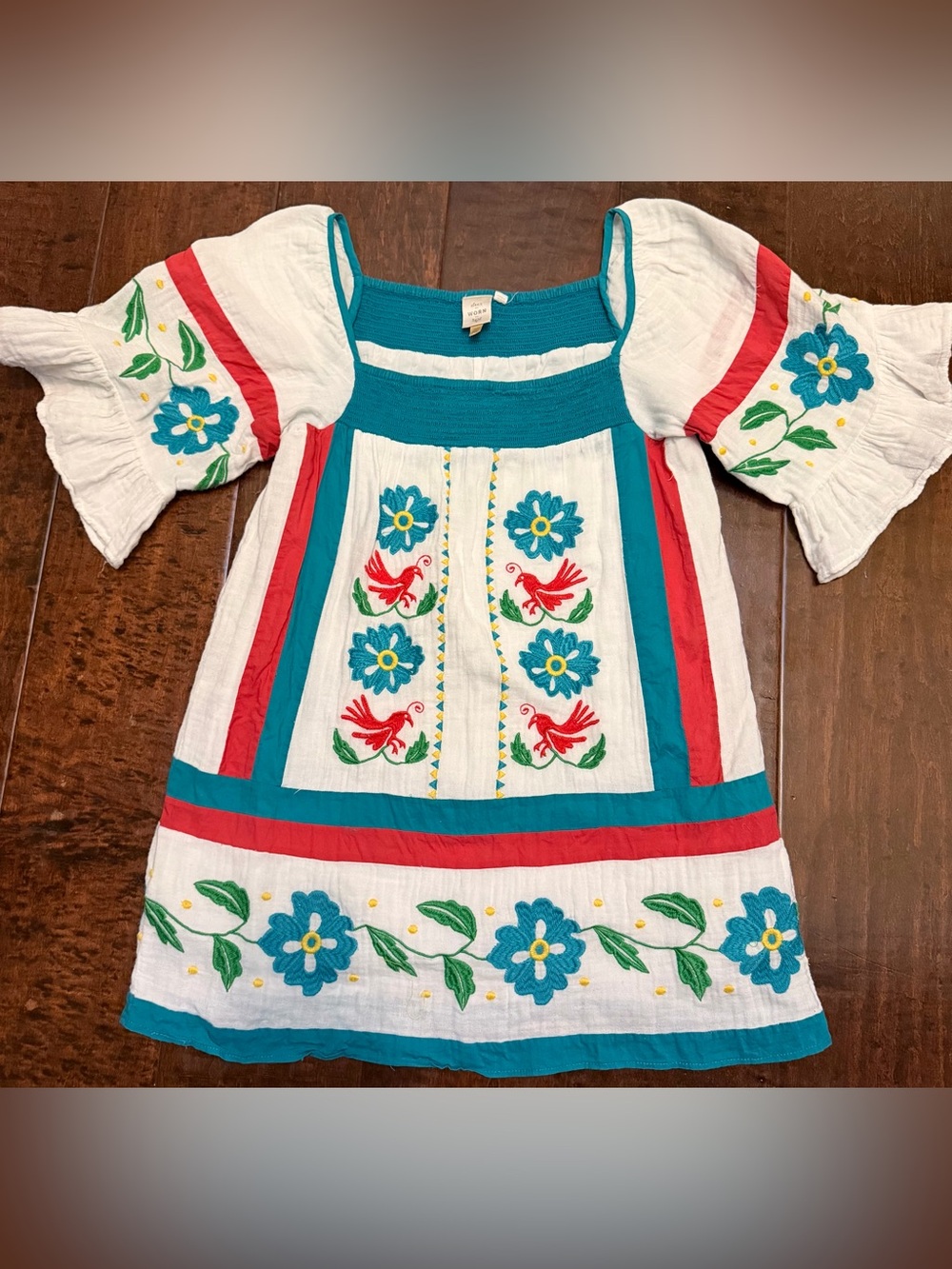 Embroidered White Tunic Top with Teal & Red Accents